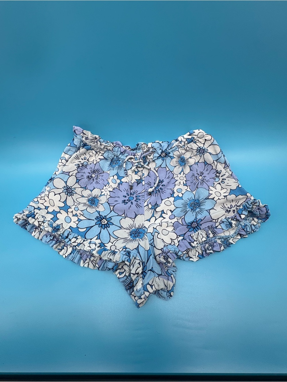 Free People Blue Floral Ruffle Shorts - High Waisted Relaxed Fit - Medium